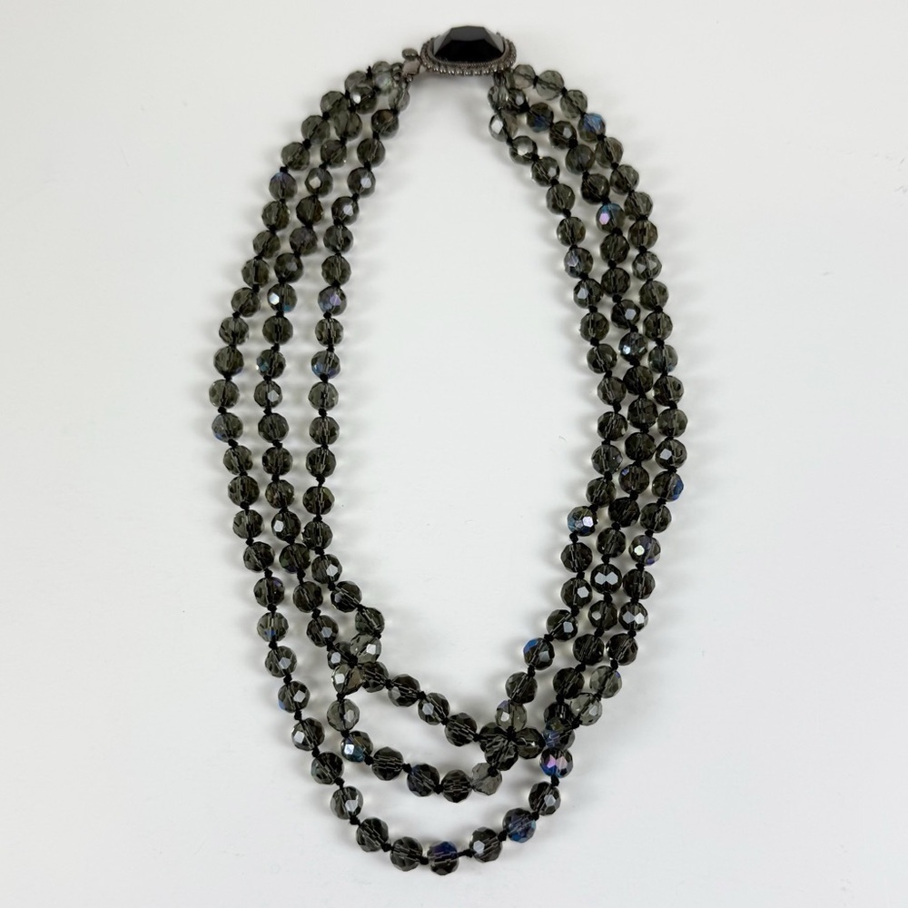 Carolee Statement Necklace Black Beaded 3 Strand Gem Closure